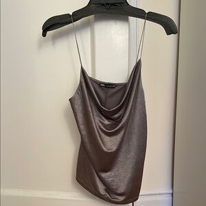 Zara Women's Grey Metallic Satin Cowl Neck Top